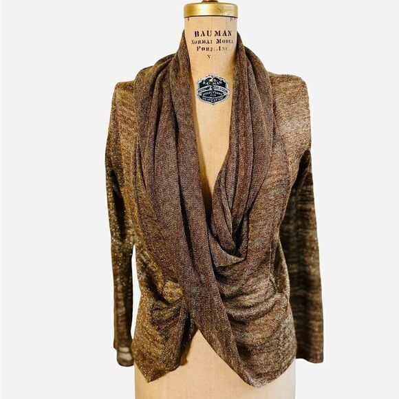 Y2K Unyx Brown sweater Twisted front metallic Gold fine knit top size medium - Picture 4 of 12